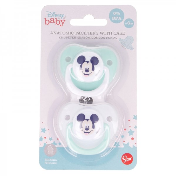 SET 2 CHUPETES TETINA ANATOMICA SILICONA +6 M CON FUNDA COOL LIKE MICKEY