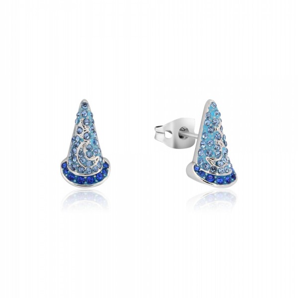 Pendientes de botón con forma de sombrero de cristal chapado en oro blanco de Mickey, aprendiz de brujo de Disney Fantasia