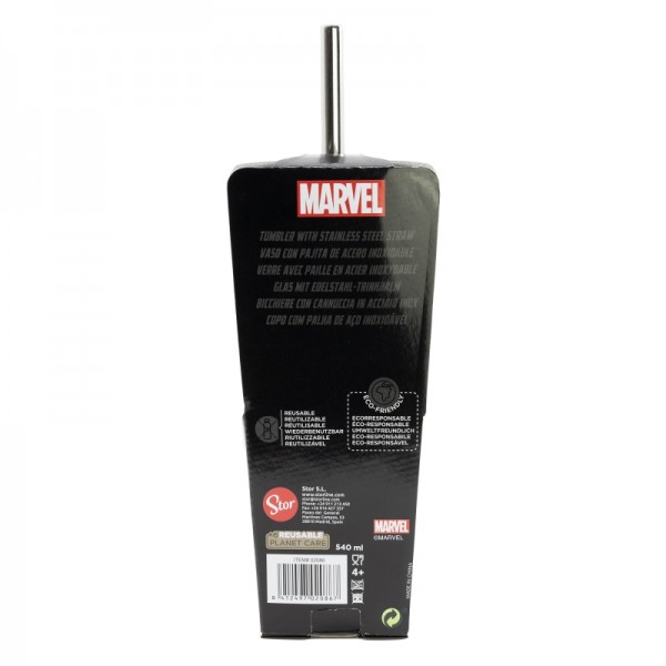 VASO ACRILICO CUBE CON PAJITA DE ACERO INOXIDABLE 540 ML | MARVEL