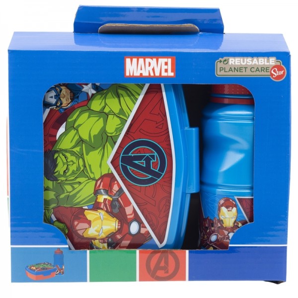 SET VUELTA AL COLE EN CAJA REGALO (BOTELLA SPORT EASY HOLD 380 ML Y SANDWICHERA RECTANGULAR) AVENGERS HERALDIC ARMY