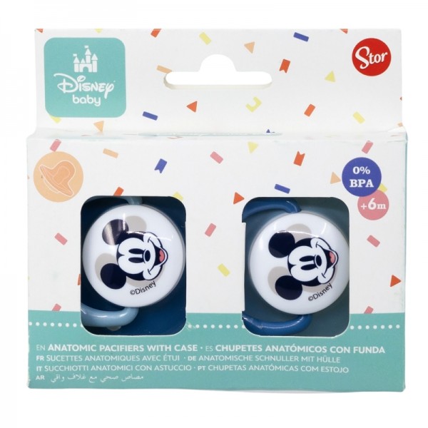 SET 2 CHUPETES ORTODONCIA BEBÉ SILICONA +6 M CON FUNDA MICKEY MOUSE LLENO DE SONRISAS