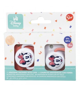 SET 2 CHUPETES ORTODONCIA BEBÉ SILICONA +6 M CON FUNDA MINNIE MOUSE CORAZÓN COMPLETO