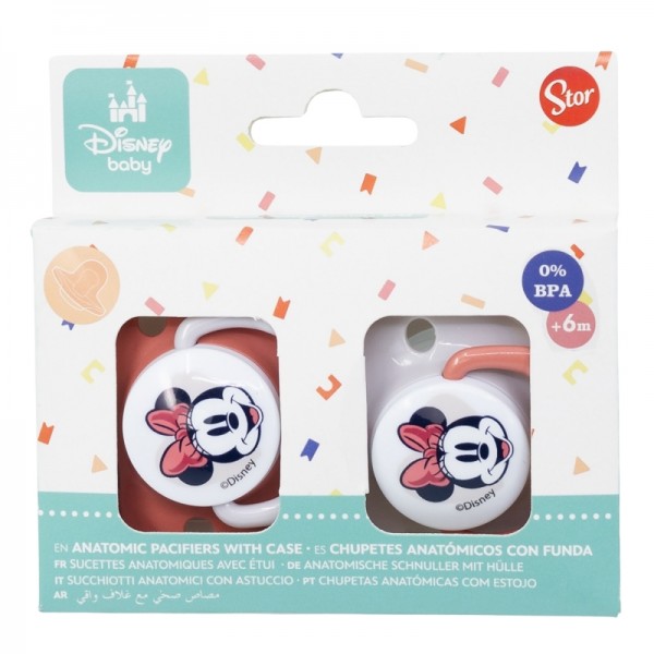 SET 2 CHUPETES ORTODONCIA BEBÉ SILICONA +6 M CON FUNDA MINNIE MOUSE CORAZÓN COMPLETO