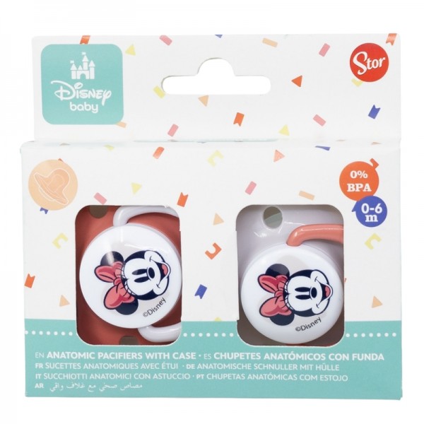 SET 2 CHUPETES ORTODONTICOS BEBÉ SILICONA 0-6 M CON FUNDA MINNIE MOUSE CORAZÓN COMPLETO