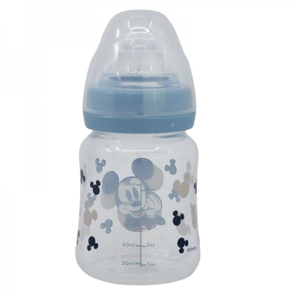BIBERÓN PARA BEBÉ DE 5 OZ CON CUELLO ANCHO Y TETIN DE SILICONA, 3 POSICIONES, MICKEY MOUSE, LLENO DE SONRISAS