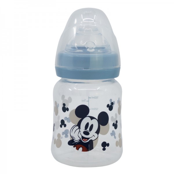 BIBERÓN PARA BEBÉ DE 5 OZ CON CUELLO ANCHO Y TETIN DE SILICONA, 3 POSICIONES, MICKEY MOUSE, LLENO DE SONRISAS