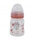 BIBERÓN PARA BEBÉ DE 5 OZ CON CUELLO ANCHO Y TETIN DE SILICONA, 3 POSICIONES, CORAZÓN DE MINNIE MOUSE, LLENO