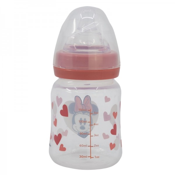 BIBERÓN PARA BEBÉ DE 5 OZ CON CUELLO ANCHO Y TETIN DE SILICONA, 3 POSICIONES, CORAZÓN DE MINNIE MOUSE, LLENO