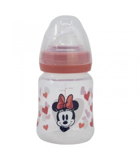 BIBERÓN PARA BEBÉ DE 5 OZ CON CUELLO ANCHO Y TETIN DE SILICONA, 3 POSICIONES, CORAZÓN DE MINNIE MOUSE, LLENO