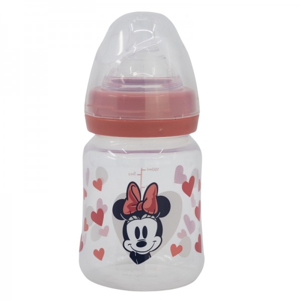 BIBERÓN PARA BEBÉ DE 5 OZ CON CUELLO ANCHO Y TETIN DE SILICONA, 3 POSICIONES, CORAZÓN DE MINNIE MOUSE, LLENO