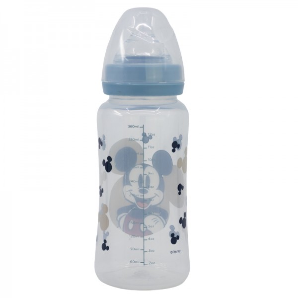 BIBERÓN PARA BEBÉ DE 12 OZ CON CUELLO ANCHO Y TETIN DE SILICONA CON 3 POSICIONES, MICKEY MOUSE, LLENO DE SONRISAS