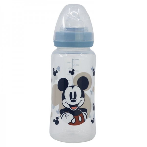 BIBERÓN PARA BEBÉ DE 12 OZ CON CUELLO ANCHO Y TETIN DE SILICONA CON 3 POSICIONES, MICKEY MOUSE, LLENO DE SONRISAS