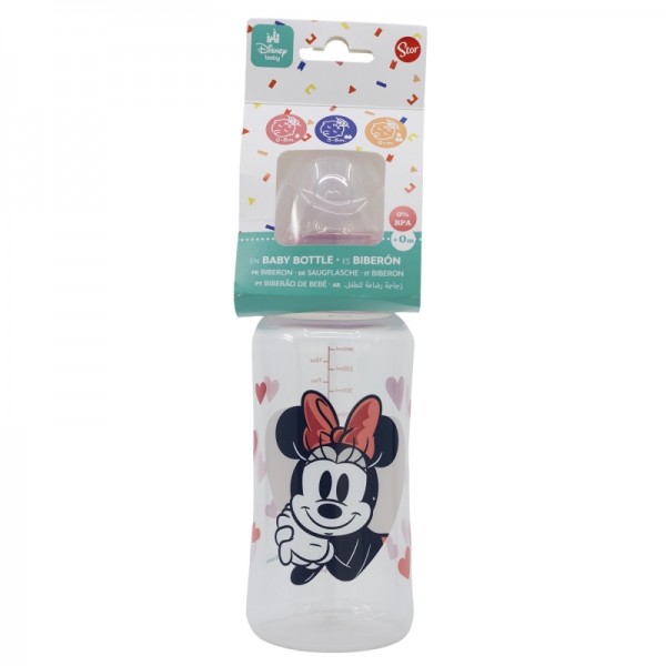 BIBERÓN PARA BEBÉ DE 12 OZ CON CUELLO ANCHO Y TETIN DE SILICONA, 3 POSICIONES, CORAZÓN DE MINNIE MOUSE, LLENO