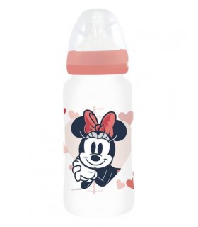 BIBERÓN PARA BEBÉ DE 12 OZ CON CUELLO ANCHO Y TETIN DE SILICONA, 3 POSICIONES, CORAZÓN DE MINNIE MOUSE, LLENO