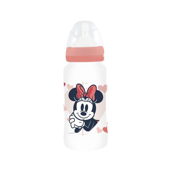 BIBERÓN PARA BEBÉ DE 12 OZ CON CUELLO ANCHO Y TETIN DE SILICONA, 3 POSICIONES, CORAZÓN DE MINNIE MOUSE, LLENO