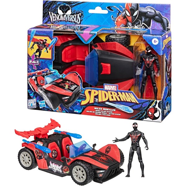 Marvel Spider-Man VenomVersus, Epic World of Action, Bólido Lanzador de Miles Morales, Figura y Coche, Juguetes de superhéroes