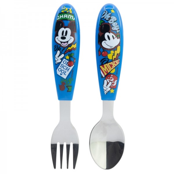 Set de 2 cubiertos infantiles de acero inoxidable compuesto de tenedor y cuchara de Mickey