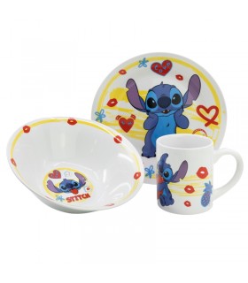 Set vajilla infantil de plato, cuenco y taza de cerámica en caja de regalo de Stitch