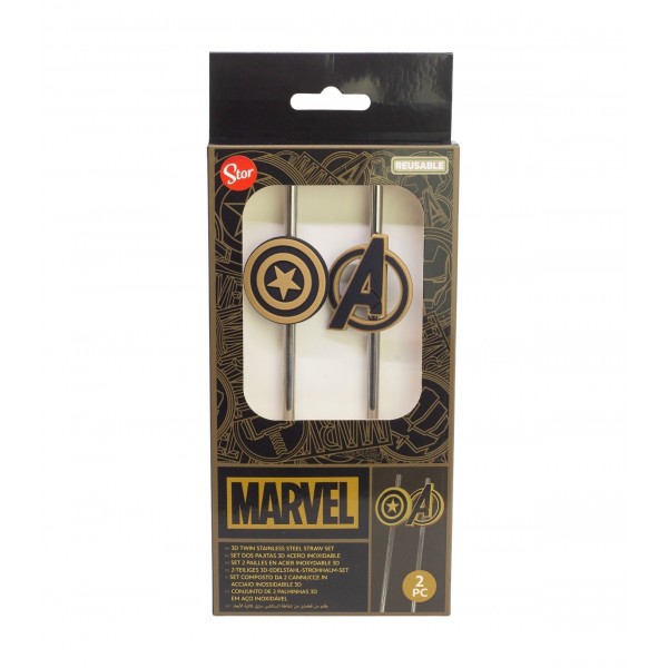 SET DOS PAJITAS 3D ACERO INOXIDABLE MARVEL GOLDEN TREASURE