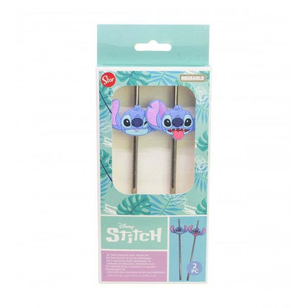 SET DOS PAJITAS 3D ACERO INOXIDABLE STITCH ALOHA